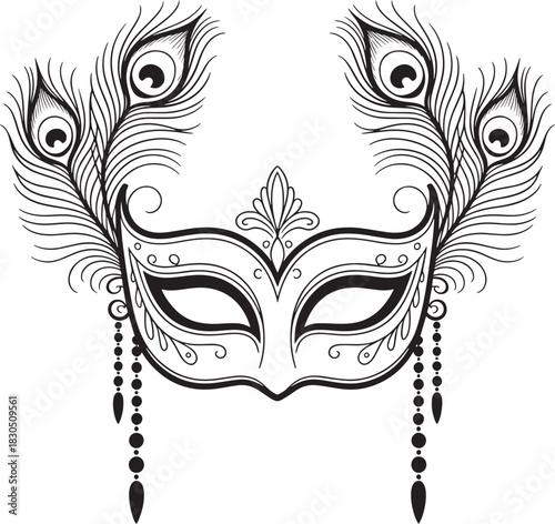 Illustration of Ornate Mask with Feather Details for Masquerade and Formal Events