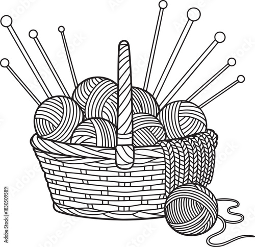 Knitting basket line art yarn balls needles handmade hobby craft vector