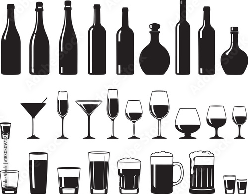 Collection of black and white alcohol bottles and glasses silhouette