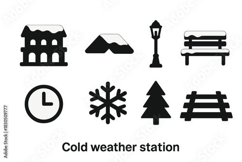 Cold Weather Icons. Cold weather station. Filled icon set of Cold weather station: station building, roof snow