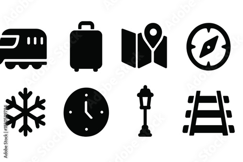 Winter Train Icons. Winter train journey. Filled icon set of Winter train journey: train silhouette, luggage,