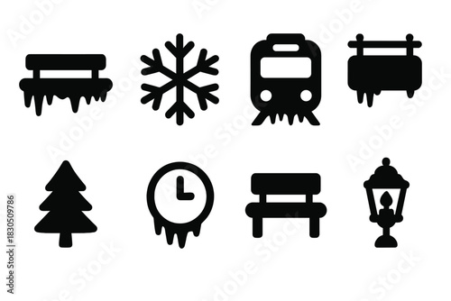 Frozen Station Icons. Frozen station icons. Filled icon set of Frozen station icons: icy platform, snowflake,