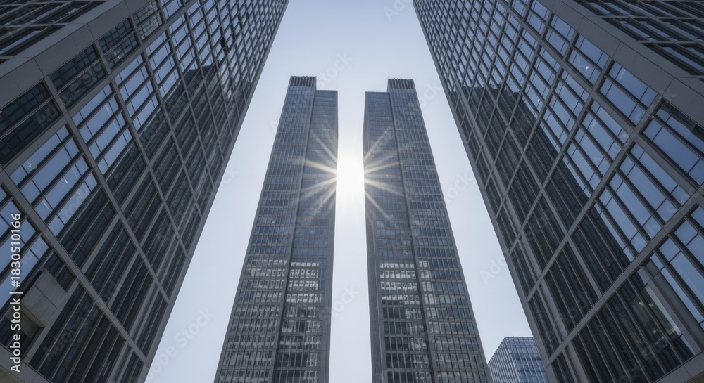 Fototapeta premium Modern glass skyscrapers create dramatic perspective against a bright sky with sunburst