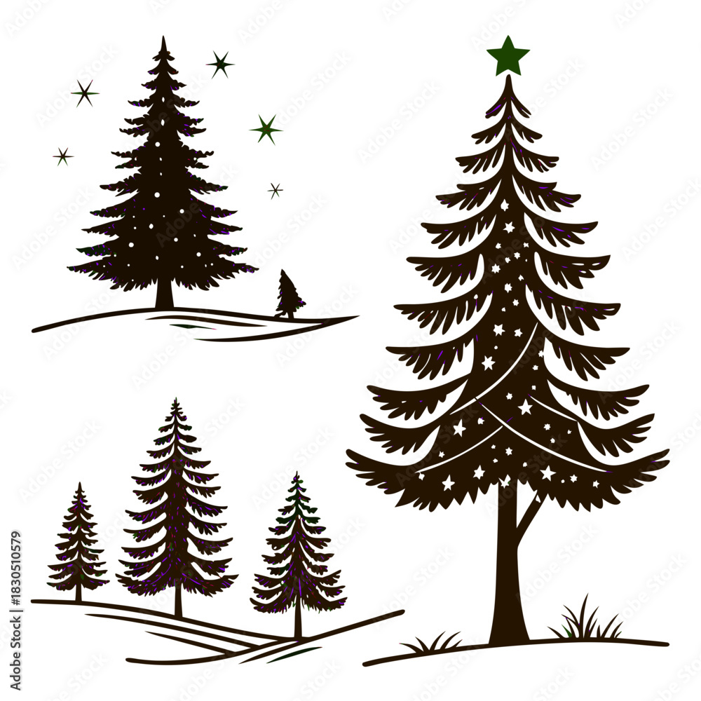 Obraz premium Christmas tree silhouette clipart set. Black Christmas tree drawing clip art collection in white background for xmas season pine tree flat icon decoration vector illustration.