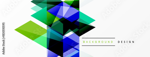 Abstract geometric shapes overlap, creating vibrant color gradients. Modern design utilizes blue, green hues on white backdrop.