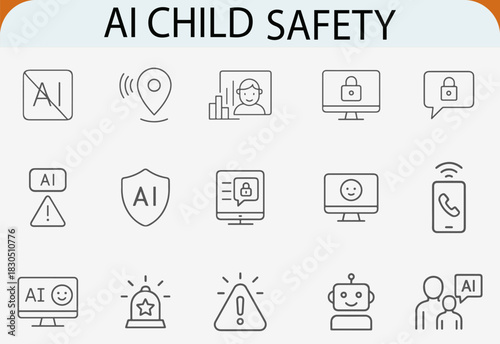 AI child safety line icons set data security monitoring robot