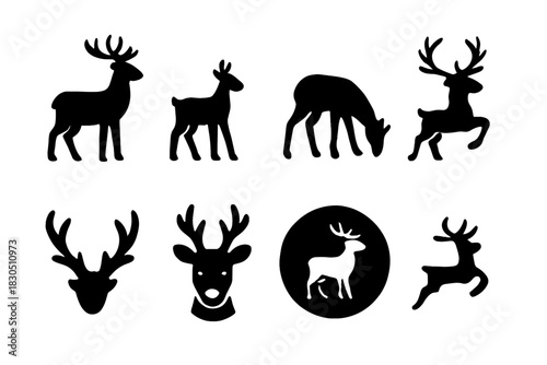 Reindeer Silhouette Icon Set. Reindeer Silhouettes. Filled icon set of Reindeer Silhouettes: adult deer, young