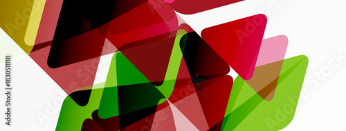 Abstract geometric shapes overlap, creating vibrant color blends. Red, green, pink hues dominate white background. Modern design.