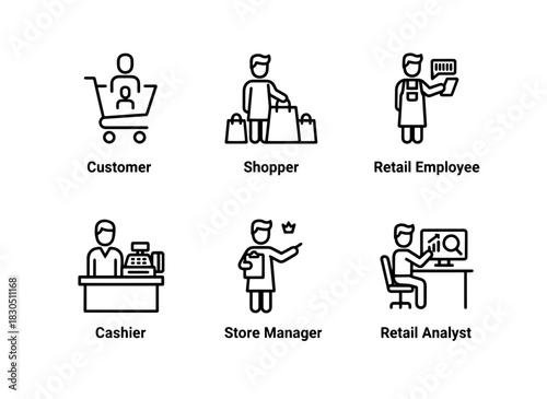 Customer Shopper Retail Employee Cashier Store Manager Retail Analyst Minimal Icon Set