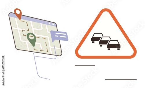 Navigation map with pinned locations, route lines, and a triangular traffic congestion warning sign. Ideal for navigation, travel planning, location services, GPS tech, traffic management, mobility