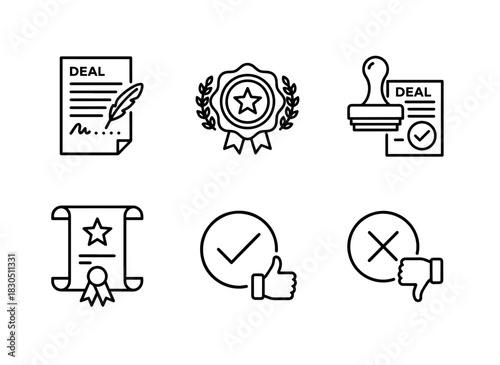 Deal Contract Seal Stamp Certificate Acceptance Renewal Minimal Bold Line Icon Set