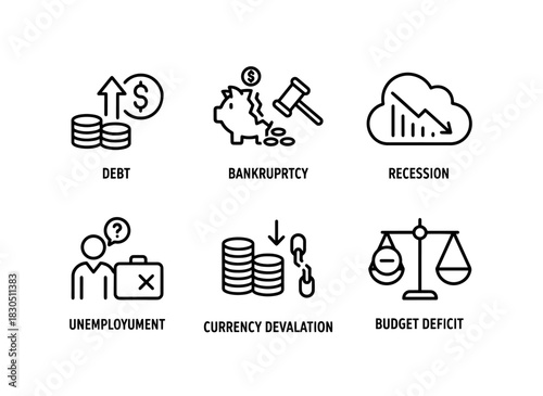 Debt Bankruptcy Recession Unemployment Currency Devaluation Budget Minimal Bold Line Icon Set