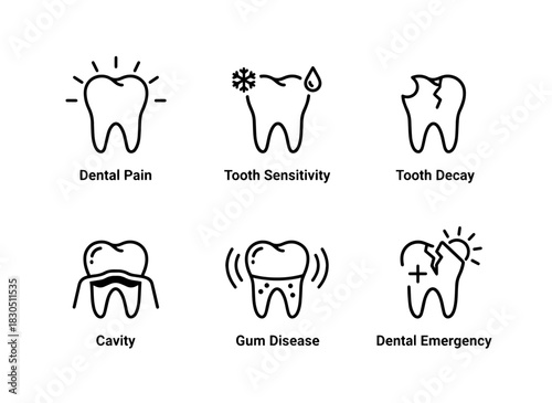 Dental Pain Tooth Sensitivity Tooth Decay Cavity Gum Disease Dental Emergency Minimal Bold Line Icon Set