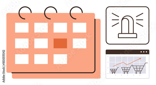 Calendar with marked date, alert notification icon, and chart showing shopping cart trends. Ideal for e-commerce, task management, reminders, scheduling, analytics productivity time management. A
