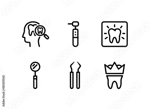 Dentist Dental Drill Tooth X Ray Dental Mirror Dental Pick Dental Crown Minimal Bold Line Icon Set