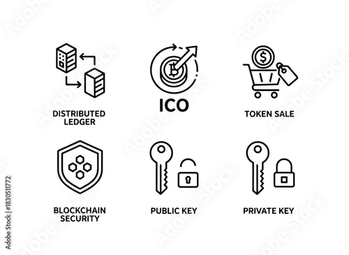 Distributed Ledger ICO Token Sale Blockchain Security Public Key Private Key Minimal Bold Line Icon Set
