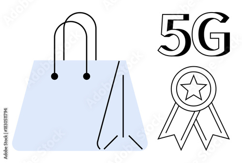 Shopping bag, award ribbon with star, bold 5G text. Ideal for retail, e-commerce, innovation, technology, branding achievement advertising. Clean design with simple flat metaphor