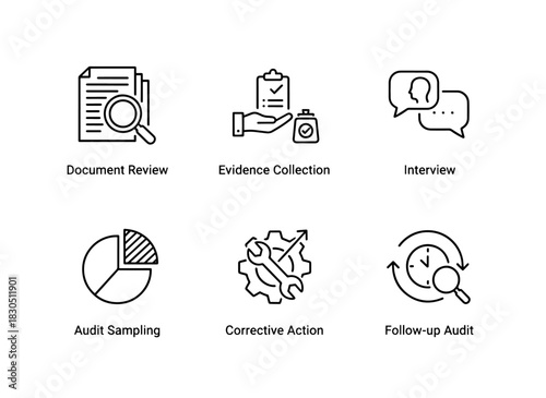 Document Review Evidence Collection Interview Audit Sampling Corrective Action File Minimal Bold Line Icon Set