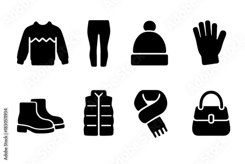 Winter Wardrobe Icons. Warm outfit essentials. Filled icon set of Warm outfit essentials: wool sweater,