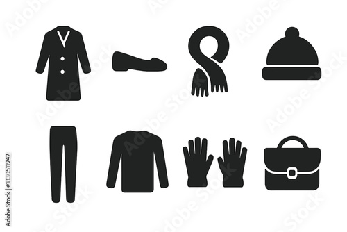 Minimalist Winter Icons. Minimalist winter wear. Filled icon set of Minimalist winter wear: long coat, flat