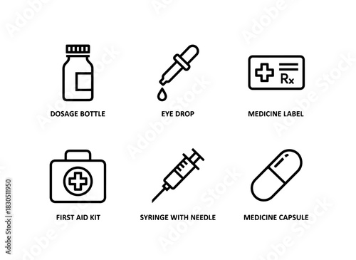 Dosage Bottle Eye Drop Medicine Label First Aid Kit Syringe with Needle Minimal Bold Line Icon Set