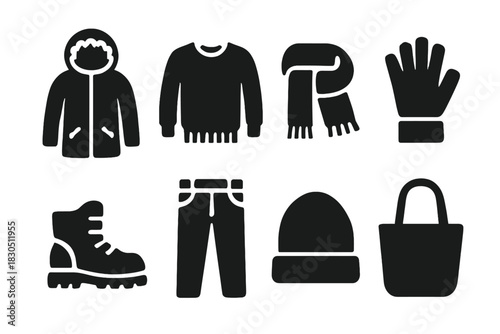 Winter Outfit Icons. Cold-weather outfit flat lay. Filled icon set of Cold-weather outfit flat lay: parka,