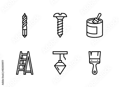 Drill Bit Wood Screw Wood Stain Paintbrush Ladder Plumb Bob Minimal Bold Line Icon Set