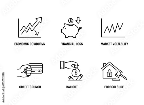 Economic Downturn Financial Loss Market Volatility Credit Crunch Bailout Minimal Bold Line Icon Set
