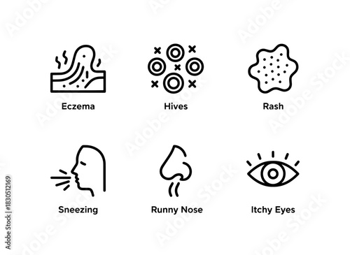 Eczema Hives Rash Sneezing Runny Nose Itchy Eyes Minimal Bold Line Icon Set