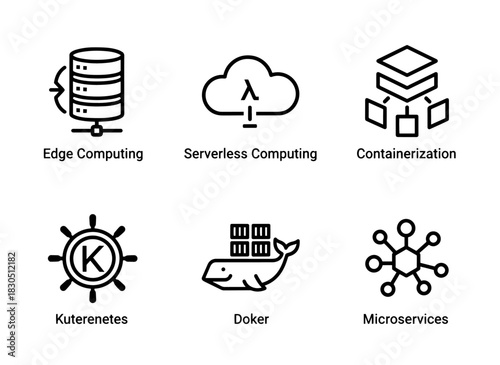 Edge Computing Serverless Computing Containerization Kubernetes Docker Microservices Minimal Bold Line Icon Set