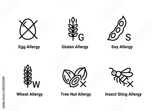 Egg Allergy Gluten Allergy Soy Allergy Wheat Allergy Tree Nut Allergy Insect Sting Allergy Minimal Bold Line Icon Set