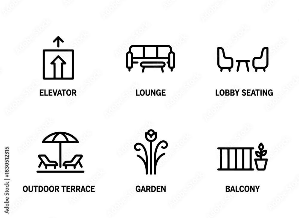 Naklejka premium Elevator Lounge Lobby Seating Outdoor Terrace Garden Balcony Minimal Bold Line Icon Set