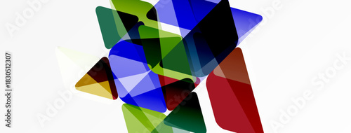 Abstract composition. Overlapping colorful shapes create dynamic visual texture. Bright hues contrast with white background.