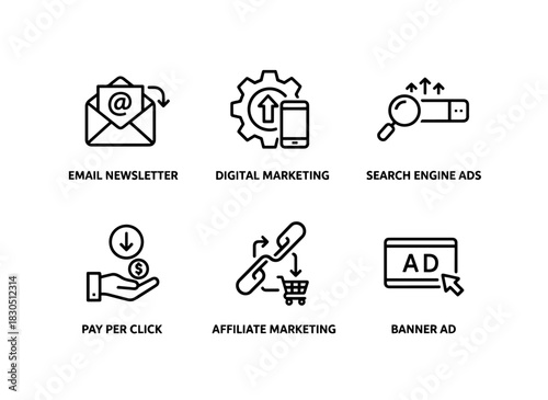 Email Newsletter Digital Marketing Search Engine Ads Pay Per Click Affiliate Marketing Minimal Bold Line Icon Set