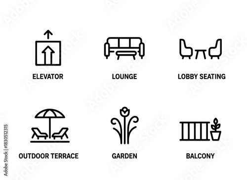 Elevator Lounge Lobby Seating Outdoor Terrace Garden Balcony Minimal Bold Line Icon Set