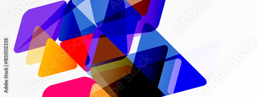Abstract composition featuring overlapping translucent triangles. Vibrant colors blend, creating dynamic visual effect. Modern design elements present.