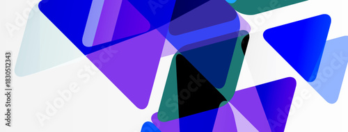 Abstract composition featuring overlapping triangles. Shades range from deep blues, purples, to lighter cyan hues. Minimalist design, clean background.