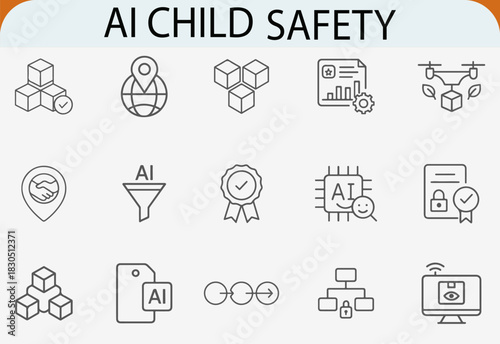 AI child safety line icons set, security technology protection vector