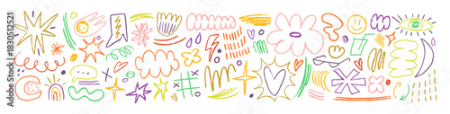Abstract doodle charcoal elements set. Chalk and crayon sketches, kids scribbles. Heart, crown, shapes, pencil drawings in childish style. Hand-drawn vector illustrations isolated on white background