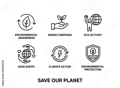 Environmental Awareness Green Campaign Eco Activist Save Earth Climate Action Environmental Movement Minimal Bold Line Icon Set