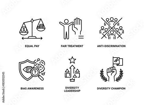 Equal Pay Fair Treatment Anti Discrimination Bias Awareness Diversity Leadership Inclusion Minimal Bold Line Icon Set