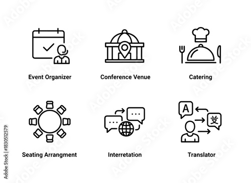 Event Organizer Conference Venue Catering Seating Arrangement Interpretation Translation Minimal Bold Line Icon Set