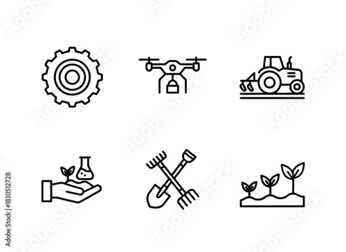 Farm Tractor Wheel Agriculture Drone Tractor Plowing Soil Testing Farming Minimal Bold Line Icon Set