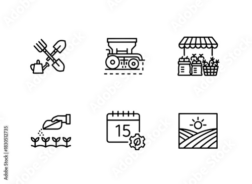 Farm Tools Seed Drill Agriculture Market Fertilizer Spread Farming Cart Minimal Bold Line Icon Set