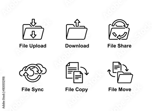 File Upload File Download File Share File Sync File Copy File Move Minimal Bold Line Icon Set