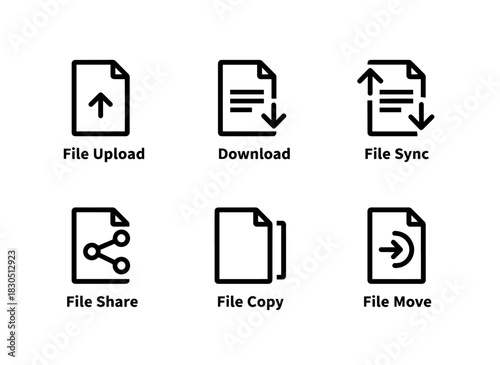 File Upload File Download File Sync File Share File Copy File Move Minimal Bold Line Icon Set