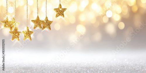 Golden star glitter gold bokeh sparkle holiday festive hanging decoration background with joyful vibe