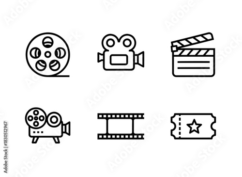 Film Reel Movie Camera Clapperboard Projector Film Strip Movie Ticket Minimal Bold Line Icon Set