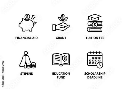 Financial Aid Grant Tuition Fee Stipend Education Fund Scholarship Deadline Minimal Bold Line Icon Set