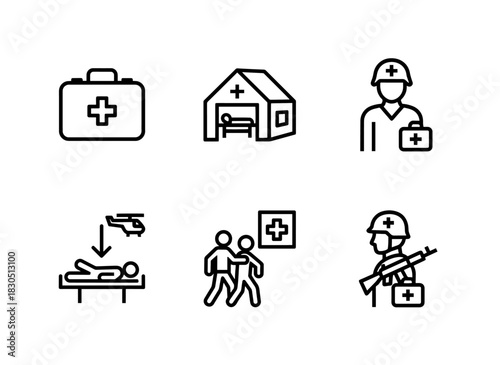 First Aid Kit Field Hospital Medic Evacuation Rescue Operation Combat Medic Minimal Bold Line Icon Set